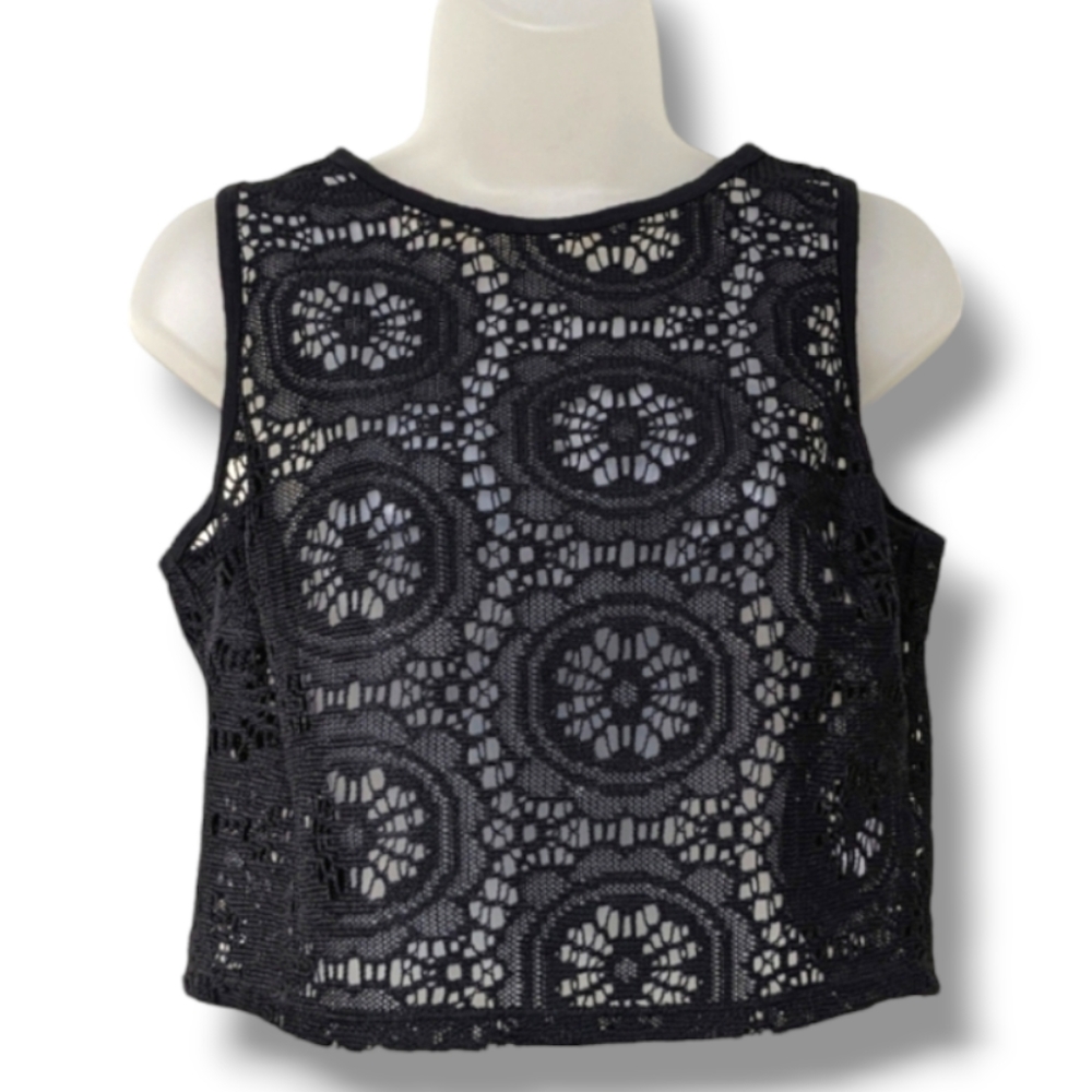 Crochet Lace Top Bisou Bisou Sleeveless Cropped Black Small